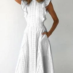 Levency Gathered Waist O Neck Cotton Skater Dress