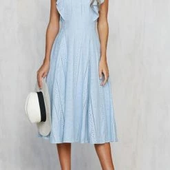 Levency Gathered Waist O Neck Cotton Skater Dress