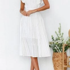 Levency Gathered Waist O Neck Cotton Skater Dress