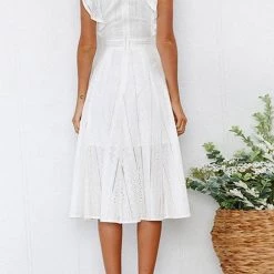 Levency Gathered Waist O Neck Cotton Skater Dress