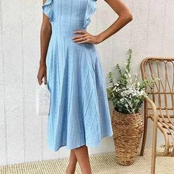 Levency Gathered Waist O Neck Cotton Skater Dress