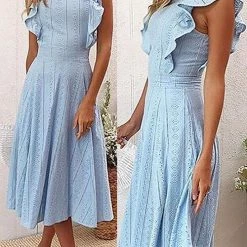 Levency Gathered Waist O Neck Cotton Skater Dress