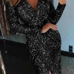 Levency New In Plunge Neck Sequin Slit Dress