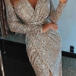 Levency New In Plunge Neck Sequin Slit Dress