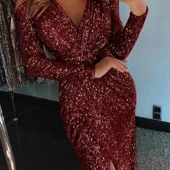 Levency New In Plunge Neck Sequin Slit Dress