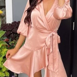 Levency Surplice Front Belted Layered Dress