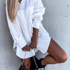 Levency Button Pockets Oversized Shirt Dress
