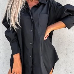 Levency Button Pockets Oversized Shirt Dress