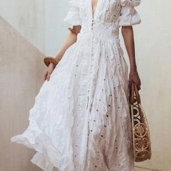 Levency V Neck Hollow Ruffle Puff Sleeve Maxi Dress