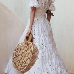 Levency V Neck Hollow Ruffle Puff Sleeve Maxi Dress