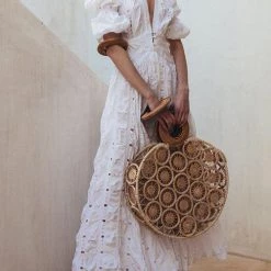 Levency V Neck Hollow Ruffle Puff Sleeve Maxi Dress