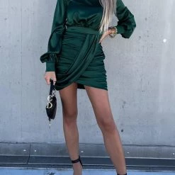 Levency Satin Puff Sleeve Ruched Mini Dress