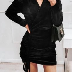 Levency Velvet Drawstring Puff Sleeve Dress