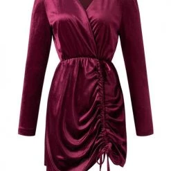 Levency Velvet Drawstring Puff Sleeve Dress