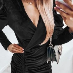 Levency Velvet Drawstring Puff Sleeve Dress