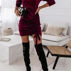 Levency Velvet Drawstring Puff Sleeve Dress