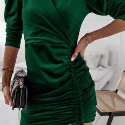 Levency Velvet Drawstring Puff Sleeve Dress