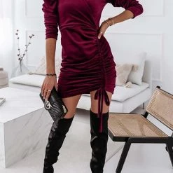 Levency Velvet Drawstring Puff Sleeve Dress