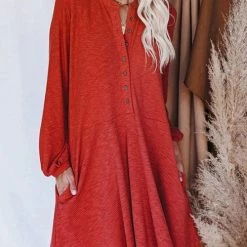 Levency Button Puff Long Sleeve Swing Dress