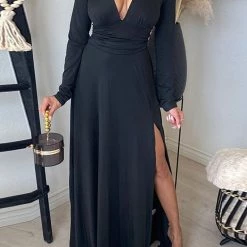 Levency V Neck Long Sleece Slit Maxi Dress New In 37 Levency V Neck Long Sleece Slit Maxi Dress New In