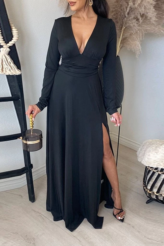 Levency V Neck Long Sleece Slit Maxi Dress New In 11 Levency V Neck Long Sleece Slit Maxi Dress New In