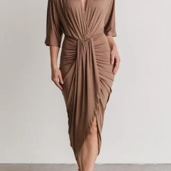 Levency Ruched V Neck Bat Slit Wrap Dress