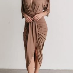 Levency Ruched V Neck Bat Slit Wrap Dress