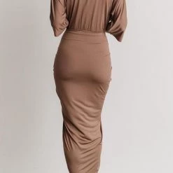 Levency Ruched V Neck Bat Slit Wrap Dress