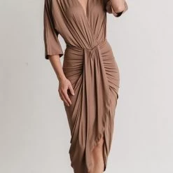 Levency Ruched V Neck Bat Slit Wrap Dress