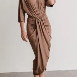 Levency Ruched V Neck Bat Slit Wrap Dress