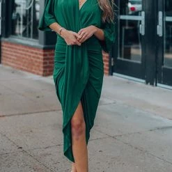Levency Ruched V Neck Bat Slit Wrap Dress