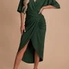 Levency Ruched V Neck Bat Slit Wrap Dress