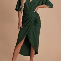 Levency Ruched V Neck Bat Slit Wrap Dress