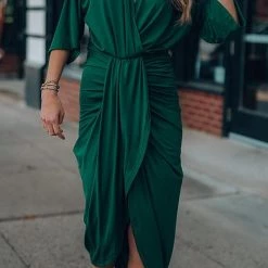 Levency Ruched V Neck Bat Slit Wrap Dress