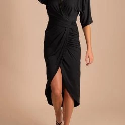 Levency Ruched V Neck Bat Slit Wrap Dress