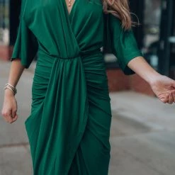 Levency Ruched V Neck Bat Slit Wrap Dress