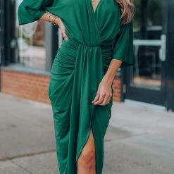 Levency Ruched V Neck Bat Slit Wrap Dress