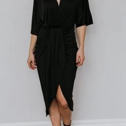 Levency Ruched V Neck Bat Slit Wrap Dress