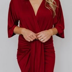 Levency Ruched V Neck Bat Slit Wrap Dress