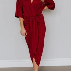 Levency Ruched V Neck Bat Slit Wrap Dress