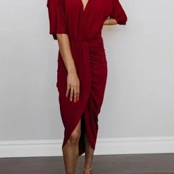 Levency Ruched V Neck Bat Slit Wrap Dress