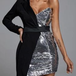 Levency Sequin Patchwork One Shoulder Asymmetrical Dress New In