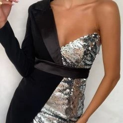 Levency Sequin Patchwork One Shoulder Asymmetrical Dress New In