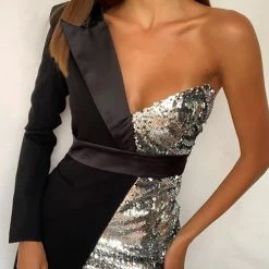 Levency Sequin Patchwork One Shoulder Asymmetrical Dress New In