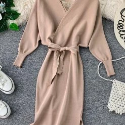 Levency New In Surplice Wrap Side Slit Sweater Dress