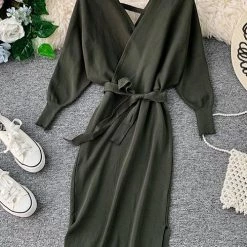 Levency New In Surplice Wrap Side Slit Sweater Dress