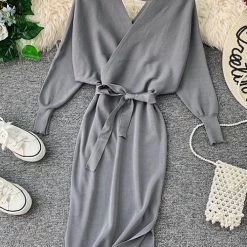 Levency New In Surplice Wrap Side Slit Sweater Dress