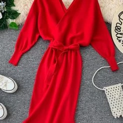 Levency New In Surplice Wrap Side Slit Sweater Dress