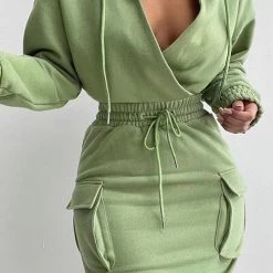 Levency Pockets Drawstring V Neck Hooded Dress