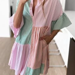 Levency New In Stripe Color Block Half Button Mini Dress